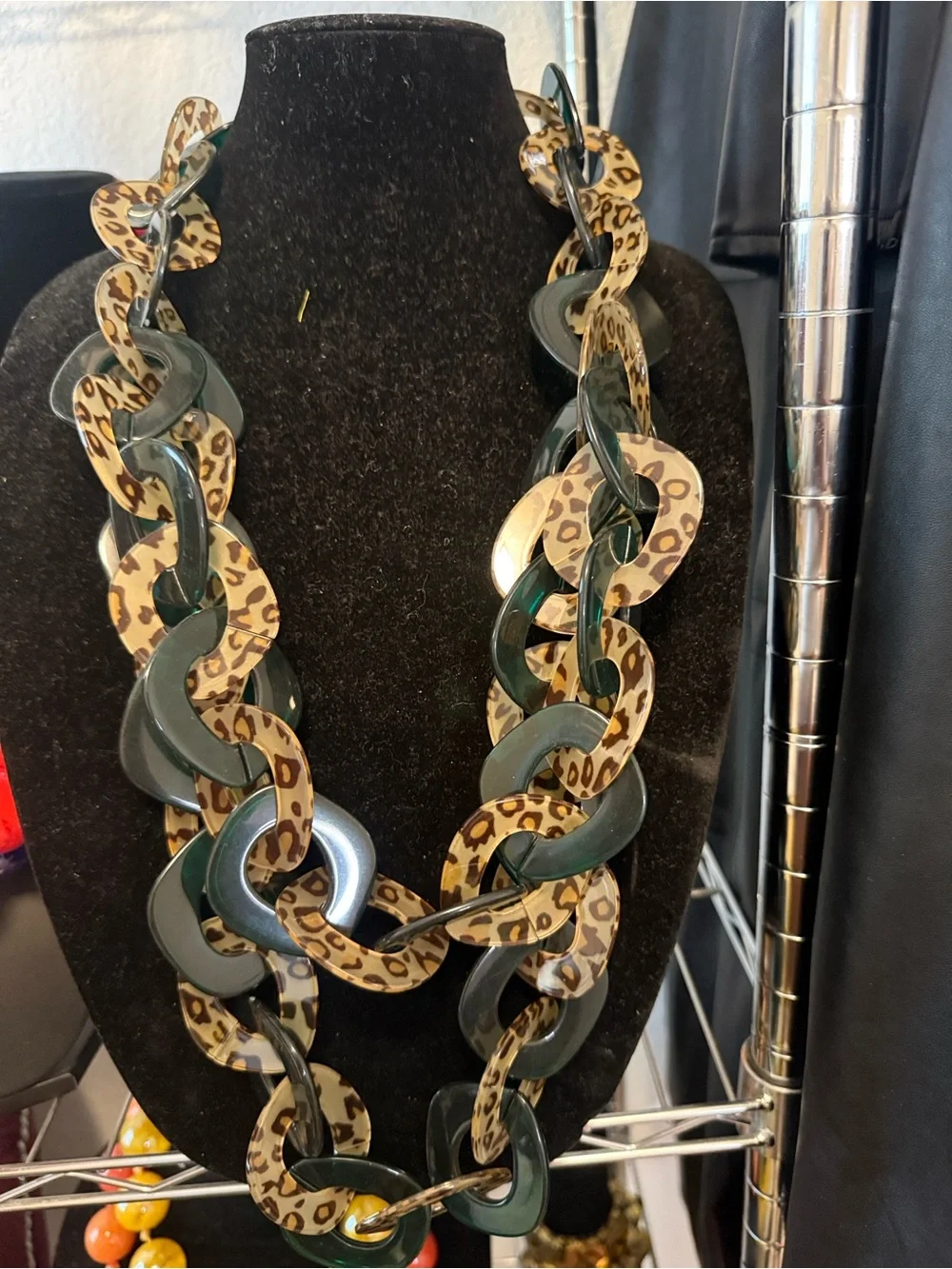 Sassy Jones Leopard Print and Deep Green Resin Link Necklace